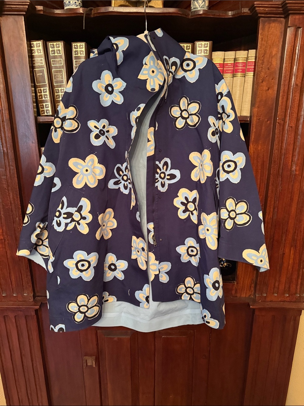 Marni Navy Trench Coat with Cream & Light Blue Floral Print